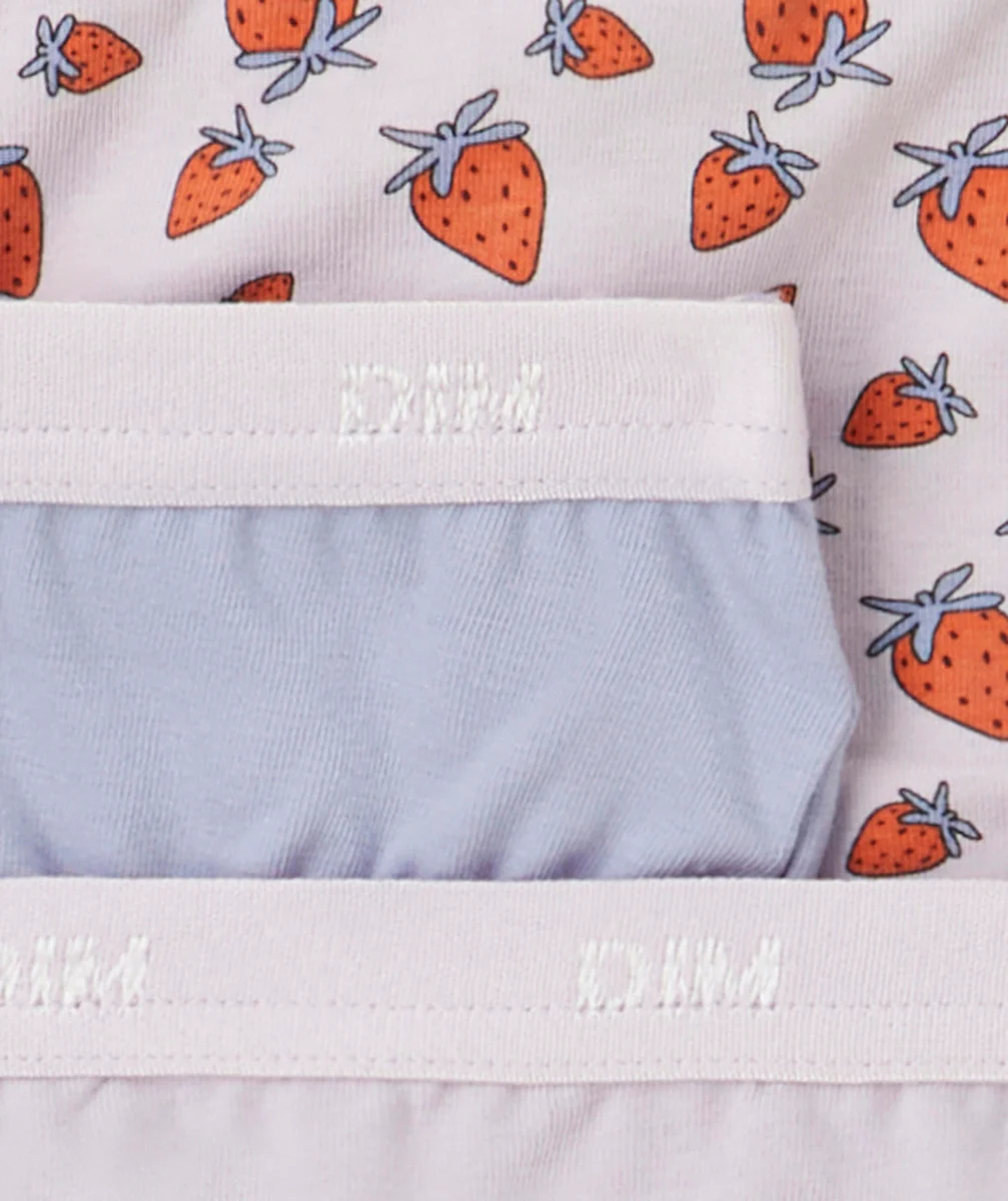 DIMLOT DE 3 CULOTTES POCKETS LILA ET IMPRIMÉ FRAISE