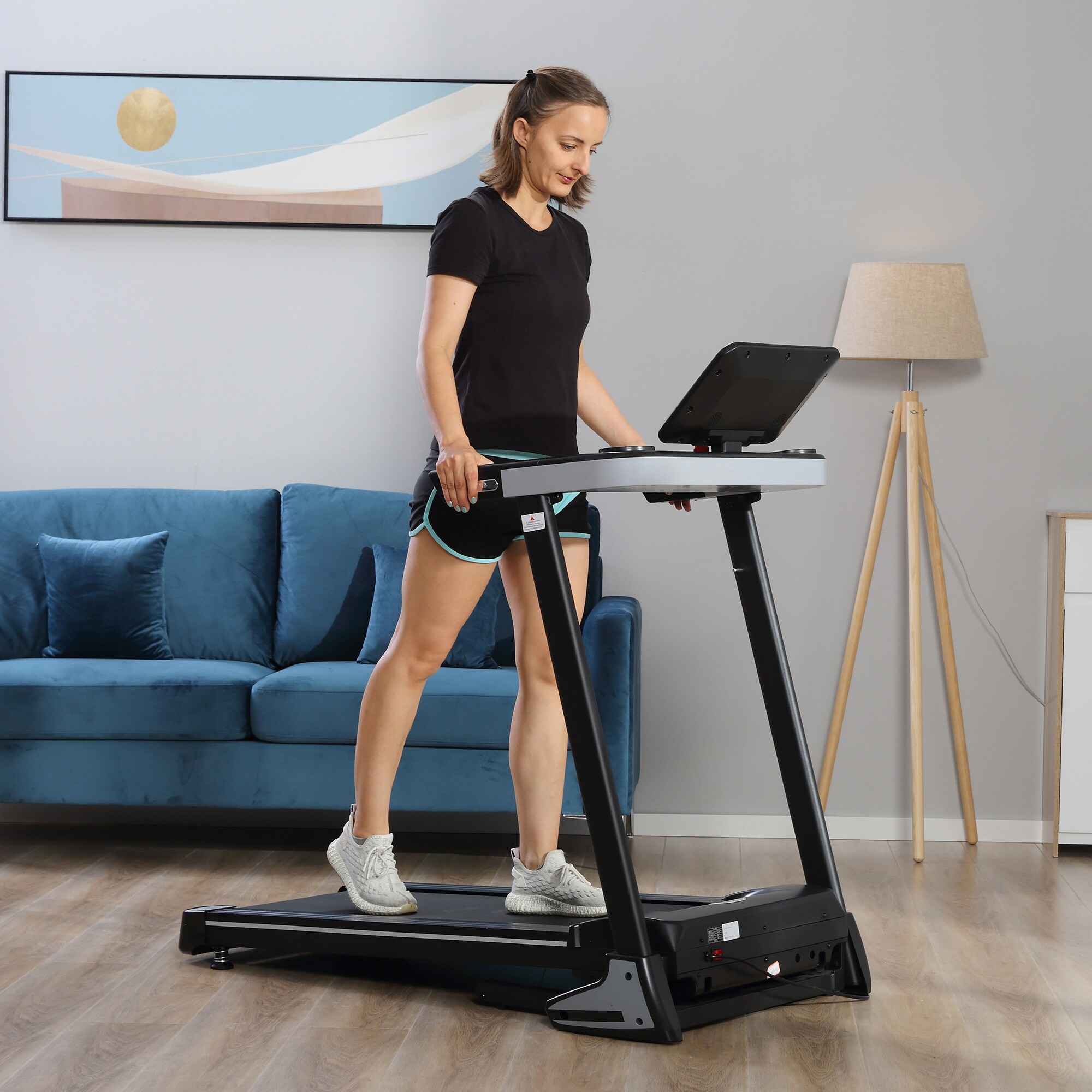 HOMCOM Laufband mit breitem LCD Display, Flaschenhalterung und Handyhalterung schwarz 71L x 128B x 122H cm