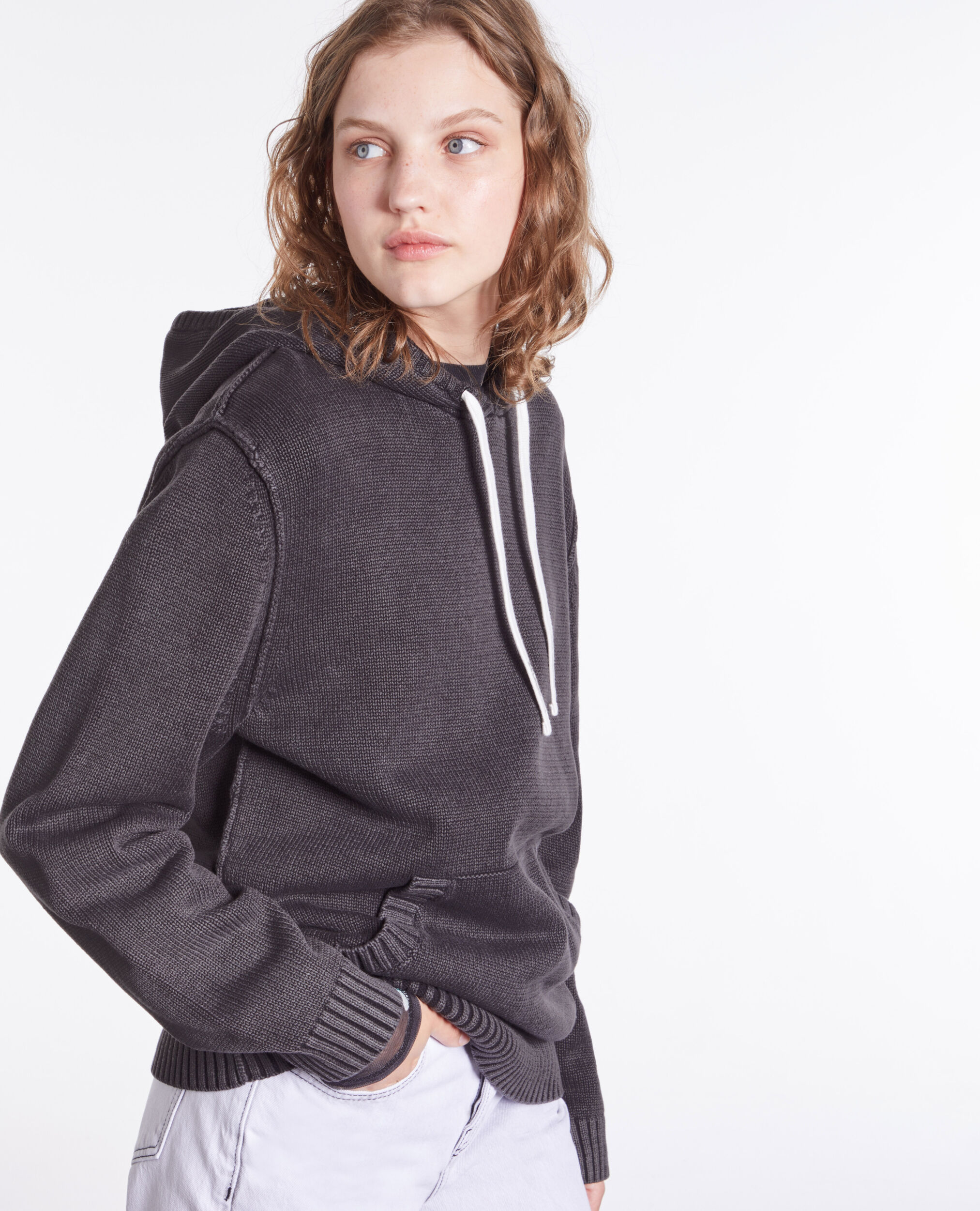 Pull noir à capuche en coton et laine