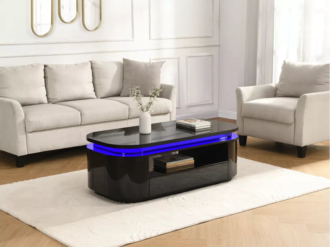 Table basse 4 portes et 1 tiroir avec LEDs en MDF - Noir laqué - VANDANA
