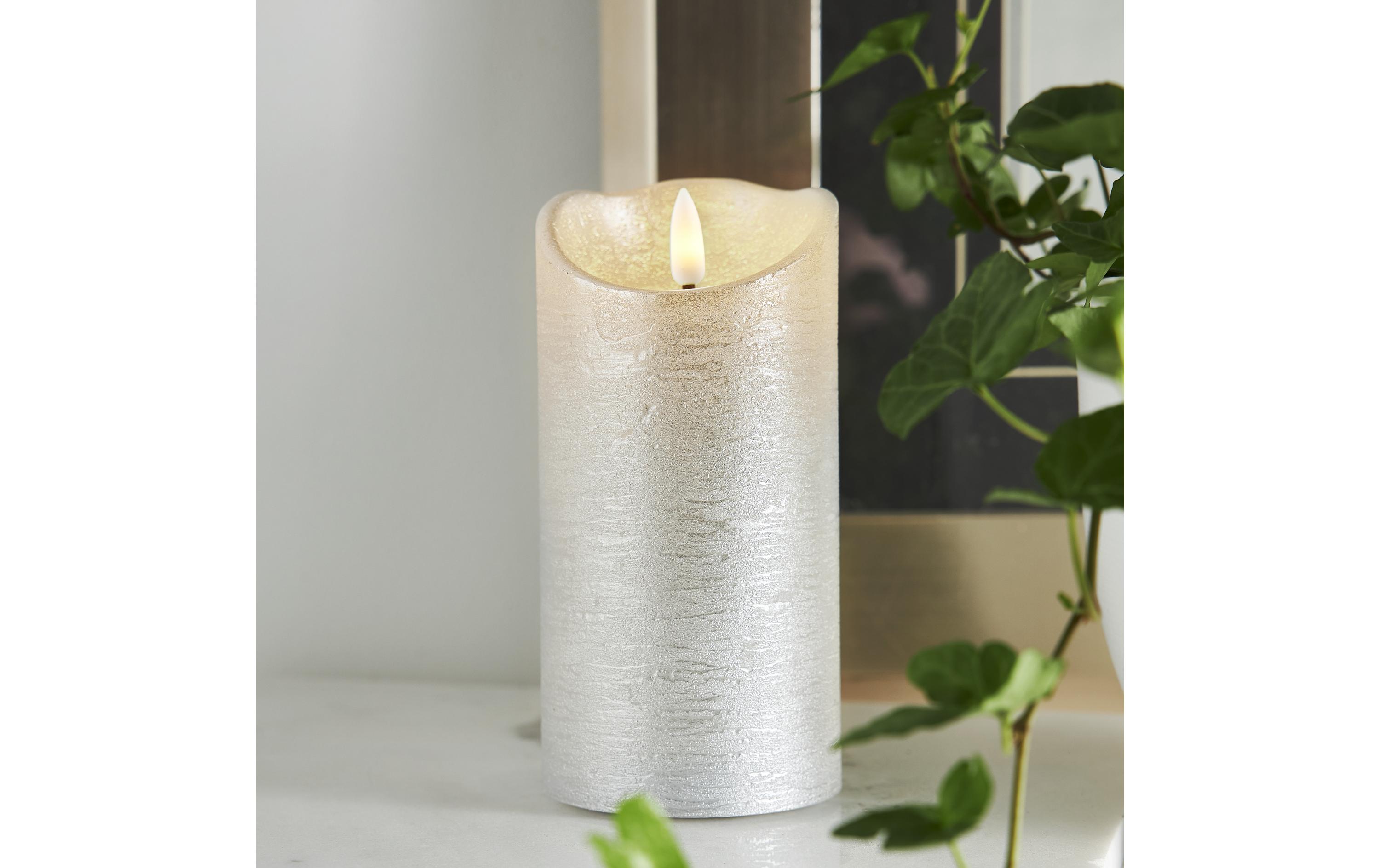 LED-Kerze Flamme Rustic, Ø 7.5 x 15 cm, SilberLED-Echtwachskerze für Innenbereich mit Timer-Funktion