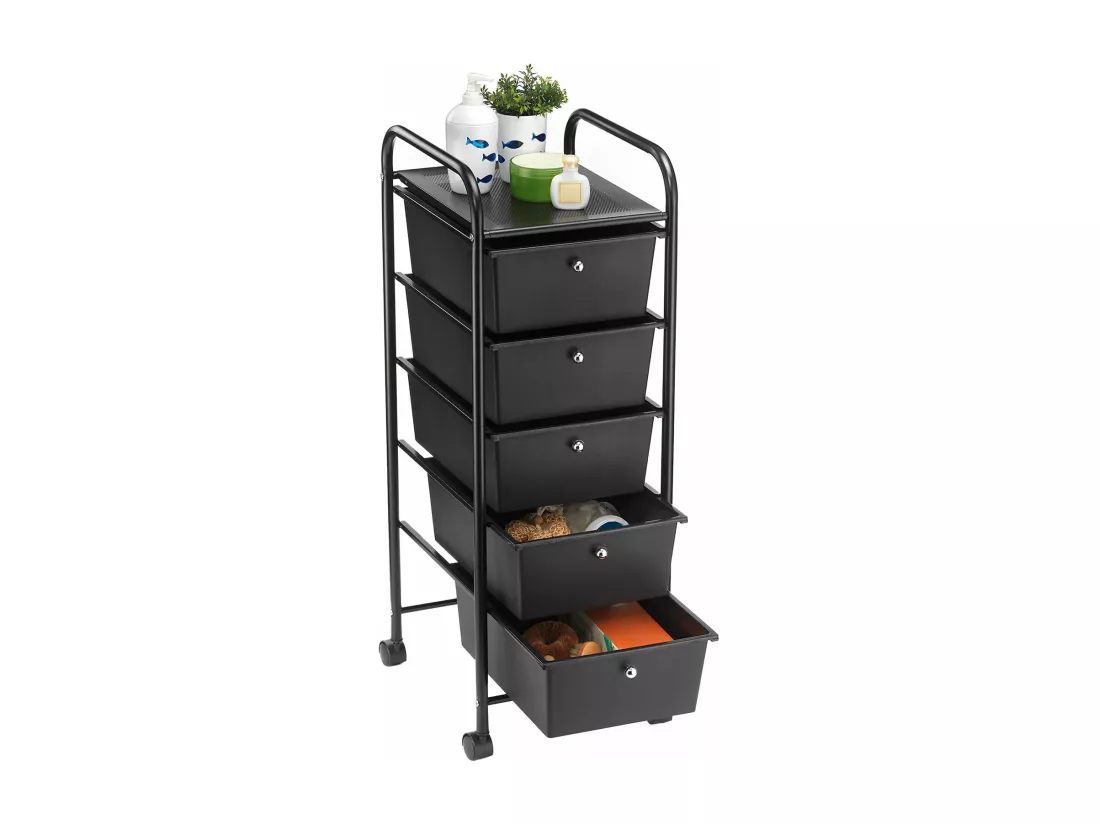 Caisson de rangement sur roulettes GINA, colonne de 5 tiroirs et 1 étagère pour salle de bain ou bureau, en plastique et métal noir