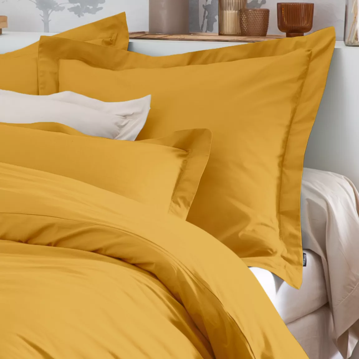 Drap plat percale de coton (180 x 290 cm) Cali Jaune moutarde