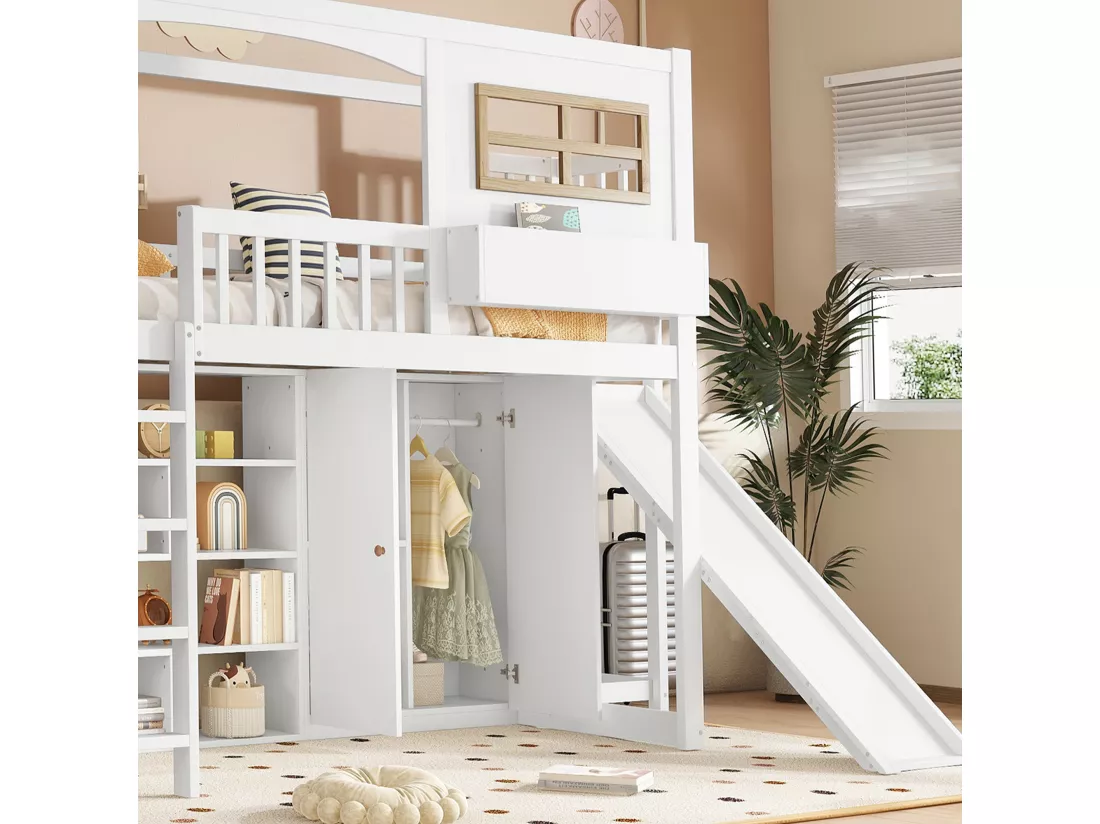 Lit mezzanine en bois et MDF - 90x200 cm - avec étagères、armoire et toboggan - Blanc