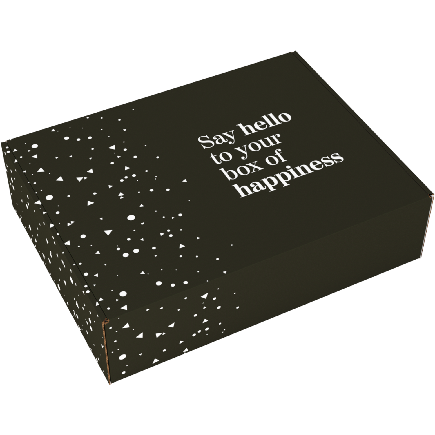 Bezorgdoos, Hello Happiness, golfkarton, 460x360x120mm, zwart/wit