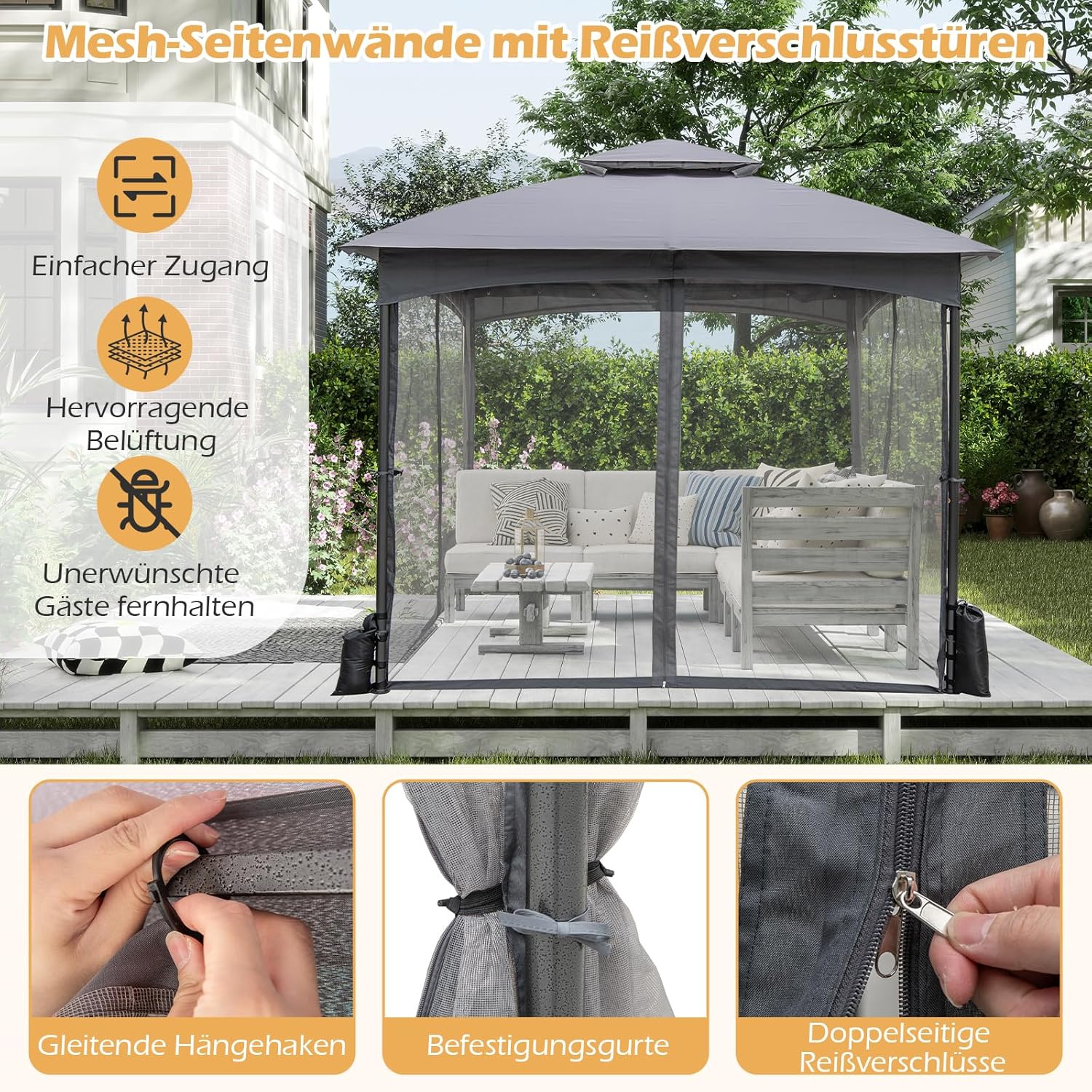 COSTWAY Pavillon 3 x 3 m, Gartenpavillon mit 4 Sandsäcken & 4 Moskitonetz & Doppeldach, Wasserdicht & Stabil & Winterfest, Gartenzelt inkl. Haken, Partyzelt für Terrasse Garten (Grau)