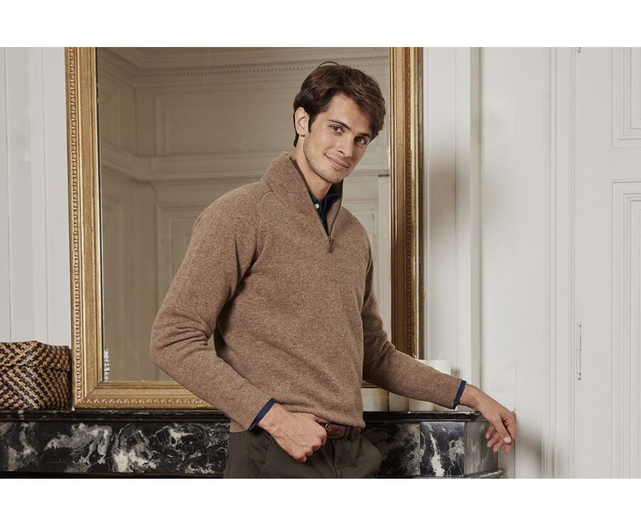 Pull homme laine col zippé Noisette Tweedé - KENNETH