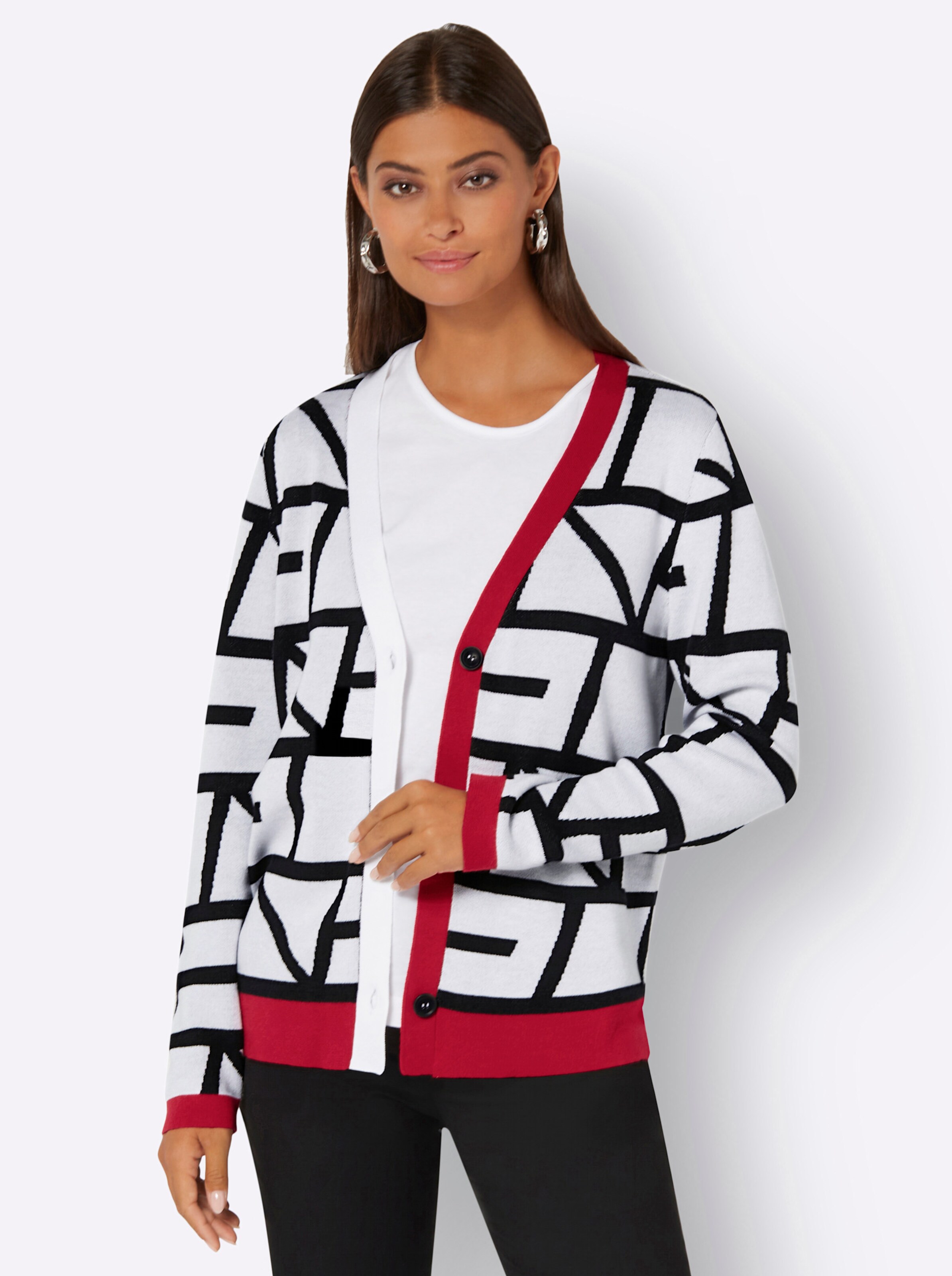 Strickjacke in weiß-rot-gemustert