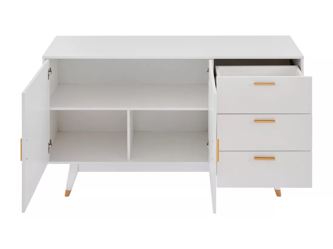 Buffet 160x40x87cm - avec 2 portes en rotin et 3 tiroirs - Blanc