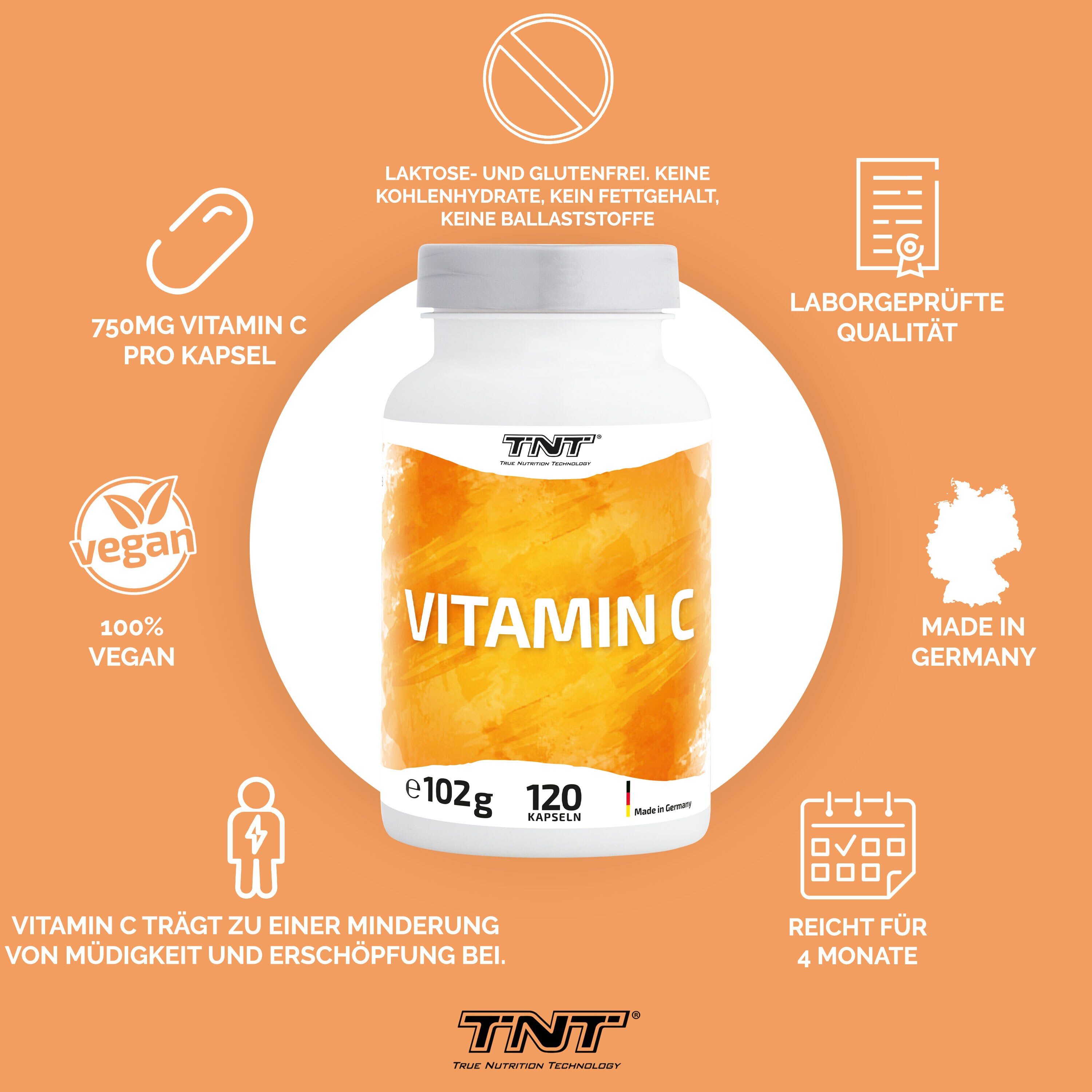 TNT Vitamin C (750mg) hilft dem Immunsystem, mindert Müdigkeit und Erschöpfung