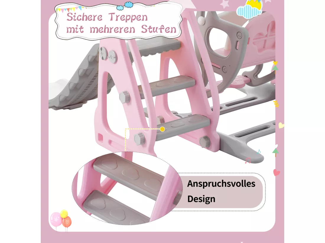 Toboggan balançoire 4 en 1 pour enfants - 113 x 100 x 94cm - en HDPE - avec escaliers et cadre de basket - Rose