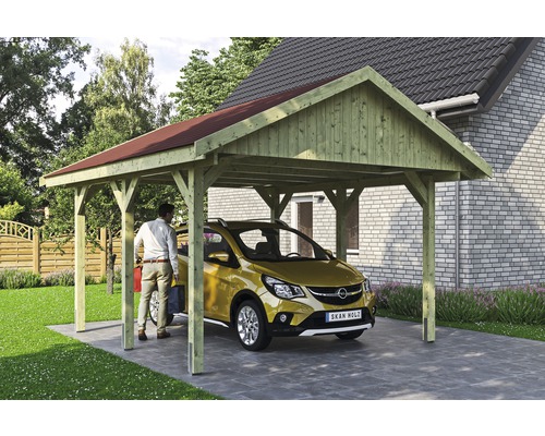 Enkele carport SKAN HOLZ Wallgau incl. rode shingles en H-paalankers 430 x 500 cm geïmpregneerd