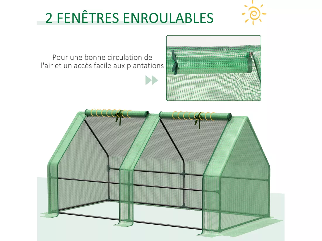 Mini serre de jardin serre à tomates dim. 180L x 90l x 90H cm acier PE haute densité 140 g/m² anti-UV 2 fenêtres zippées enroulables vert
