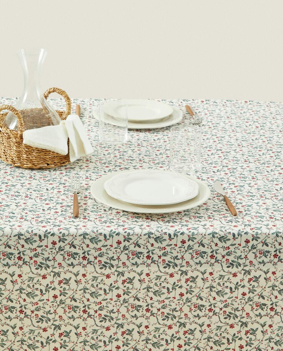 TOALHA DE MESA DE ALGODÃO COM ESTAMPA DE VINHAS DE NATAL