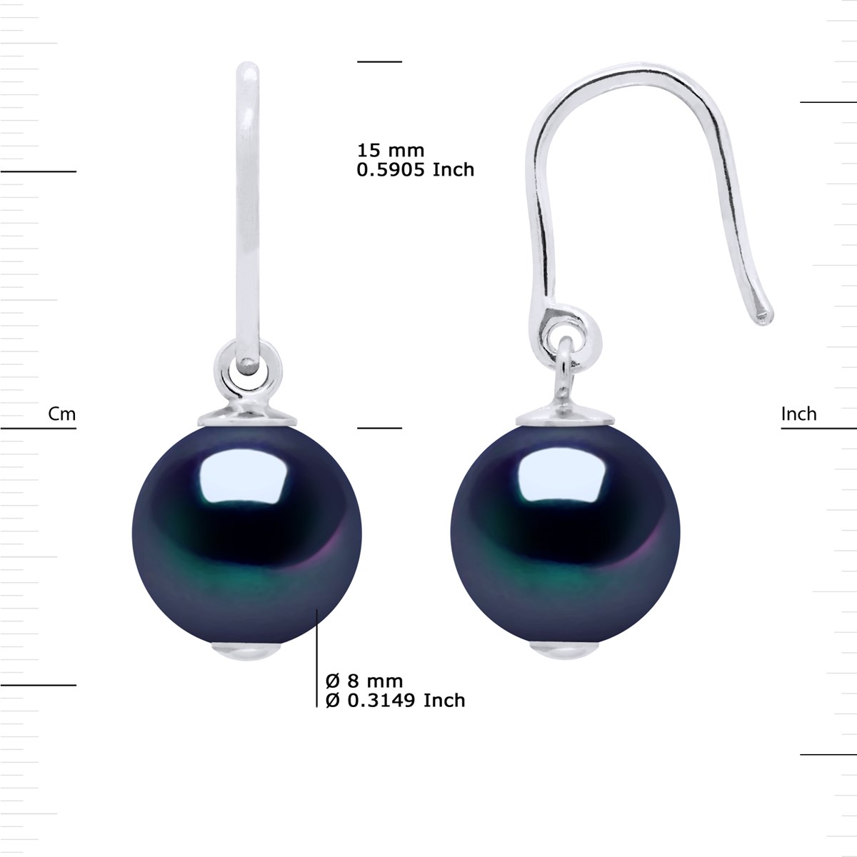 Crochets d'Oreilles Perle d'Eau Douce Rondes 8-9 mm Noires Argent 925