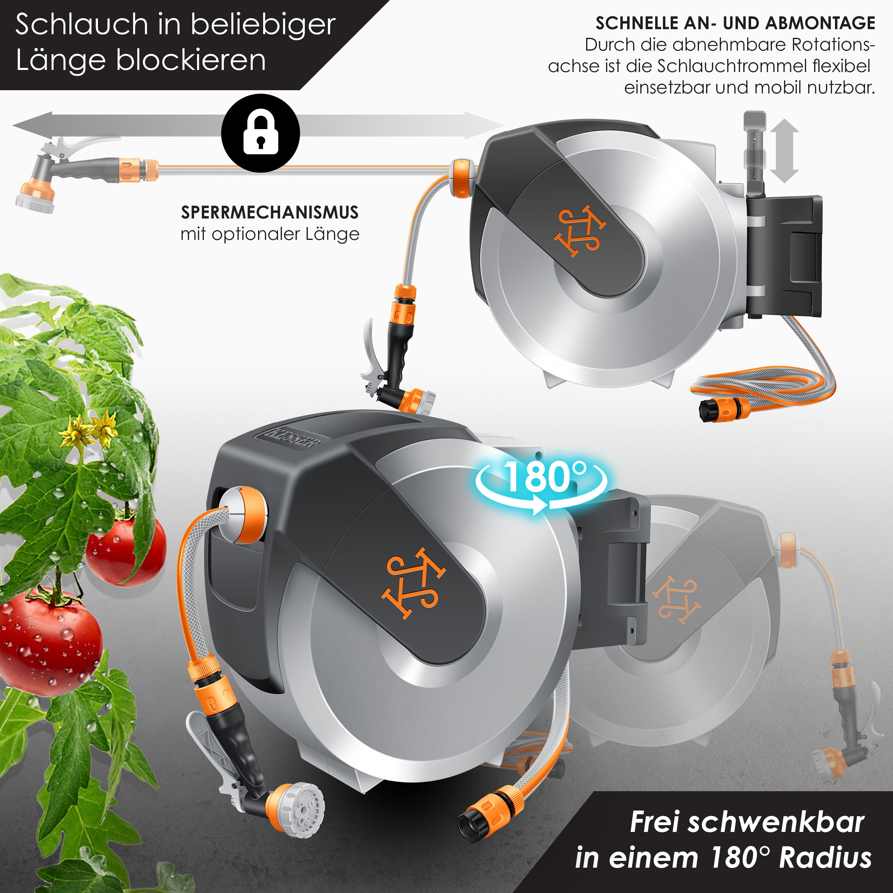 KESSER® Schlauchtrommel mit Gartenschlauch | Wasserschlauchtrommel zur Wandmontage | Wandhalterung | 180° schwenkbar & automatische Aufrollung | Wand-Schlauchbox inkl. 7-Funktionen Handbrause
