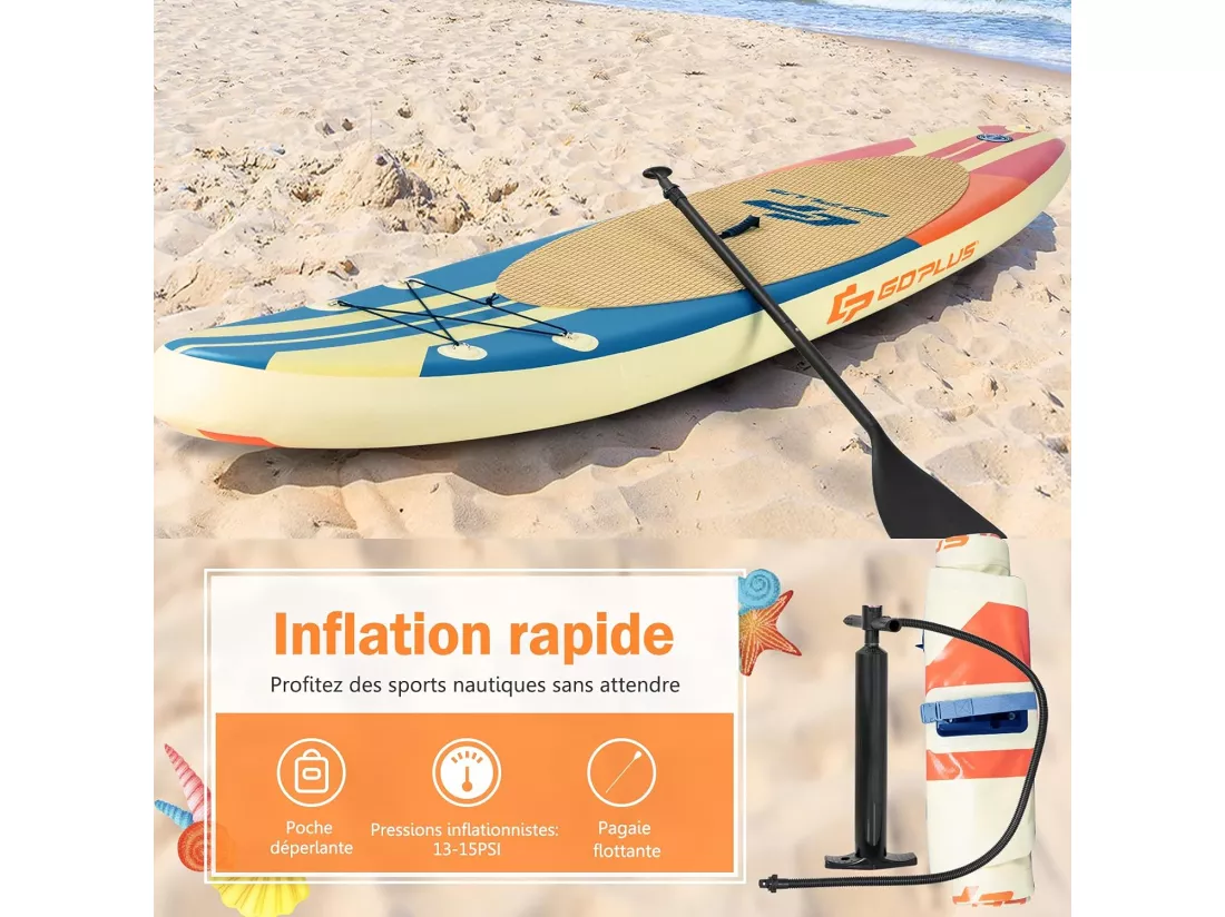 Stand Up Paddle Board Gonflable 335 CM, avec Accessoires Complets et Sac de Transport, Revêtement Antidérapant pour Pagayer, Surfer, Pêcher, Yoga Aquatique