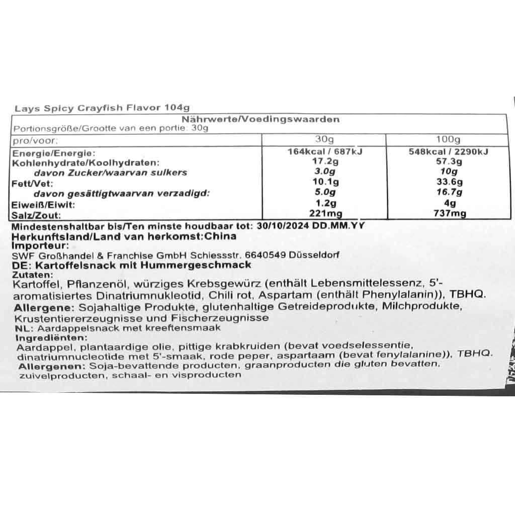 Lays Kartoffelchips Spicy Crayfisch 104g MHD:22.3.25