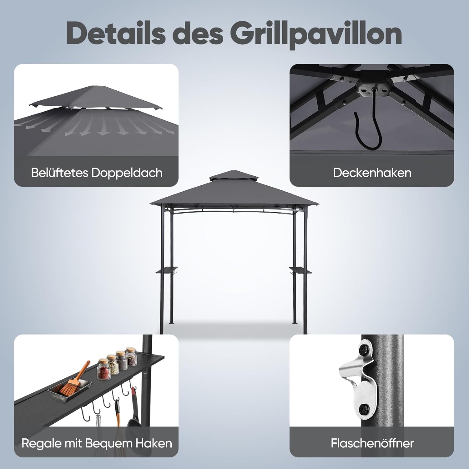Sekey Grill Pavillon Wasserdicht 2.45 x 1.50m Gartenpavillon mit Markise, Sonnenschutz Gartenlauben Gartenzelt für Partys Picknick BBQ´s, UV-Schutz 50+, Grau