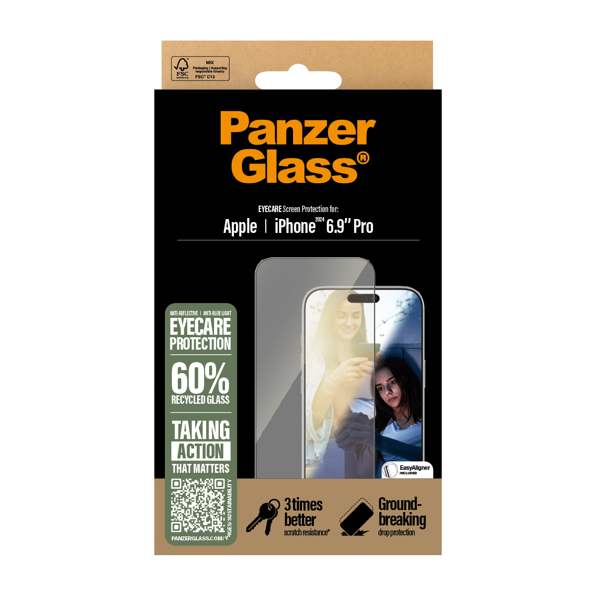 iPhone 16 Pro Max EyeCare Ultra Wide Fit Panzer Glas Displayschutz Anti Bluelight   Montagerahmen  (2868)