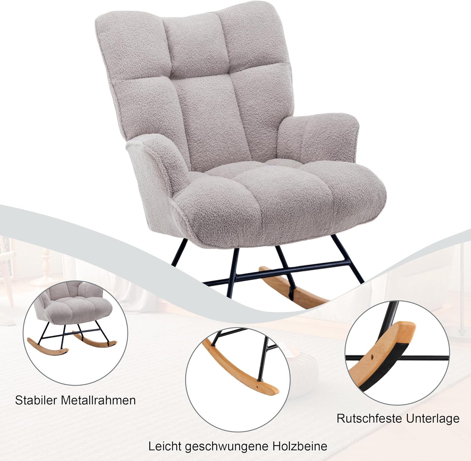 Schaukelstuhl Stillsessel Schaukelsessel mit Armlehnen Gepolsterter Schwingsessel Stillstuhl Sessel Relaxsessel für Wohnzimmer Schlafzimmer Babyzimmer, Bis 136 kg Belastbar, Grau