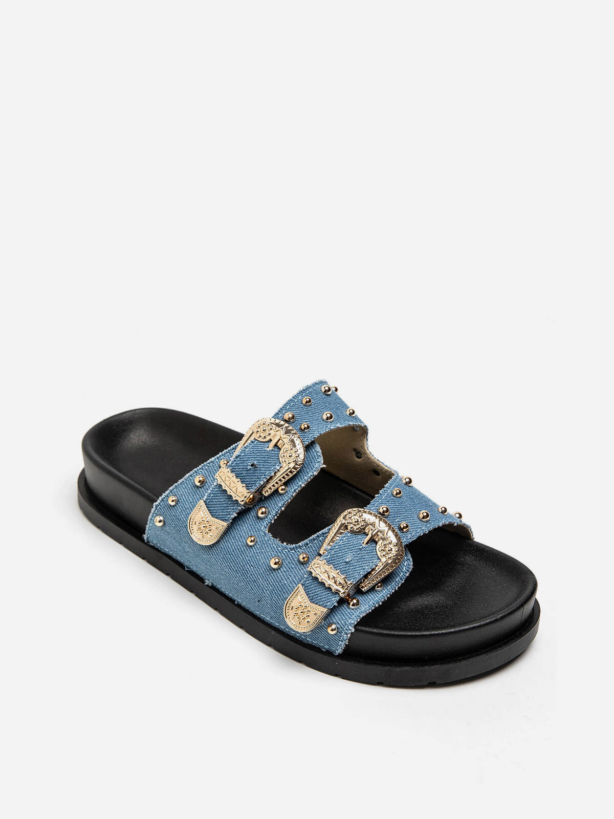 Mules en denim à boucles et clous dorés- Bleu