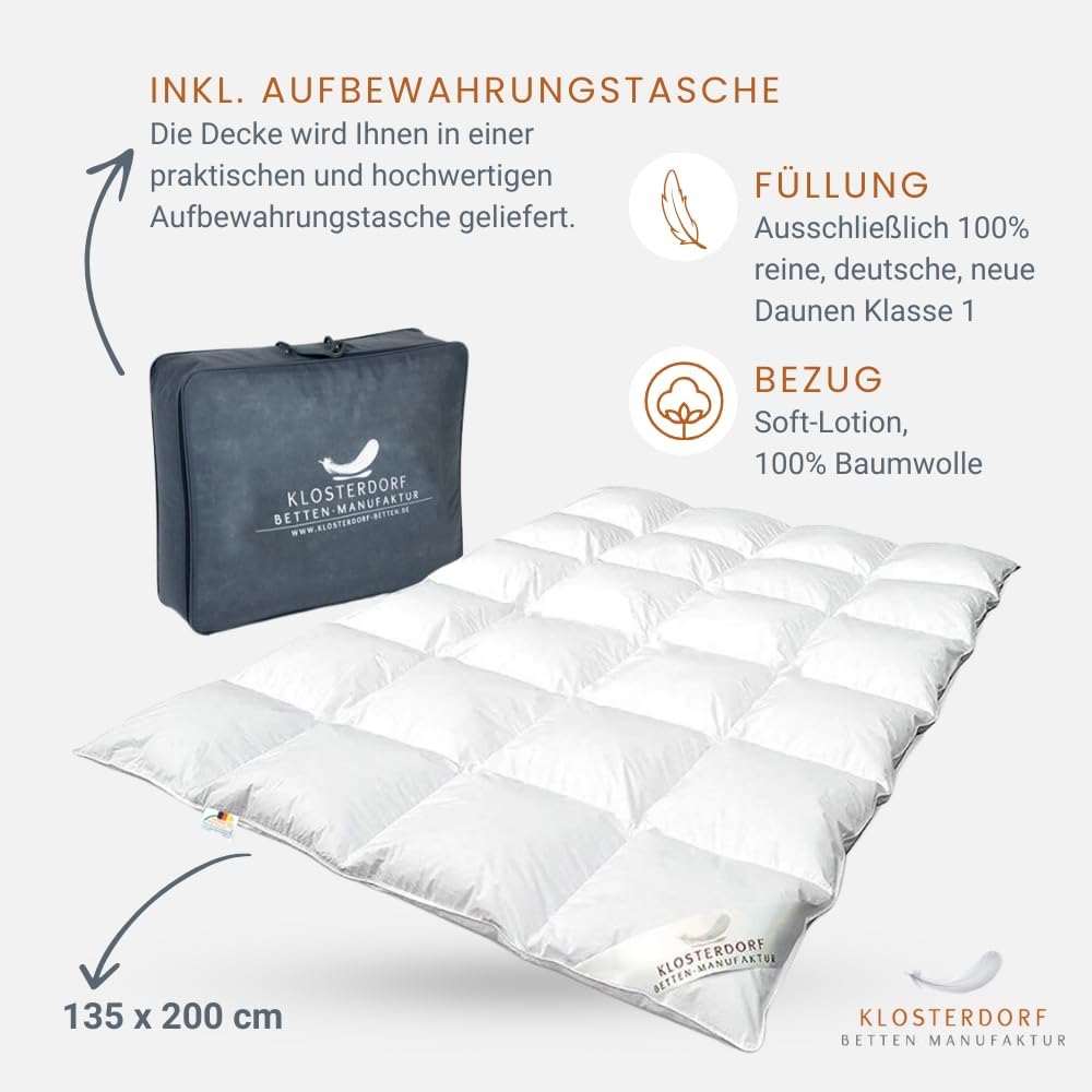 Klosterdorf Bettenmanufaktur Premium Winterdecke ''Heimatliebe'' - 135x200 cm - 720 Gramm - WARM - Daunendecke - Bettdecke - Handarbeit aus Deutschland - Für einen gesunden Schlaf