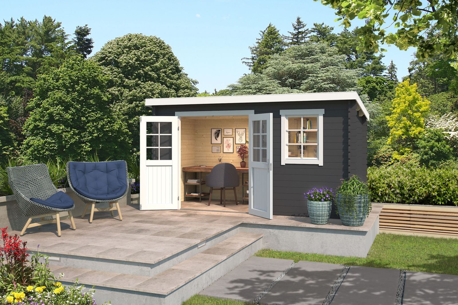 Blockbohlenhaus AMIRA 175 - carbongrau - Fichte massiv - 380x175 cm