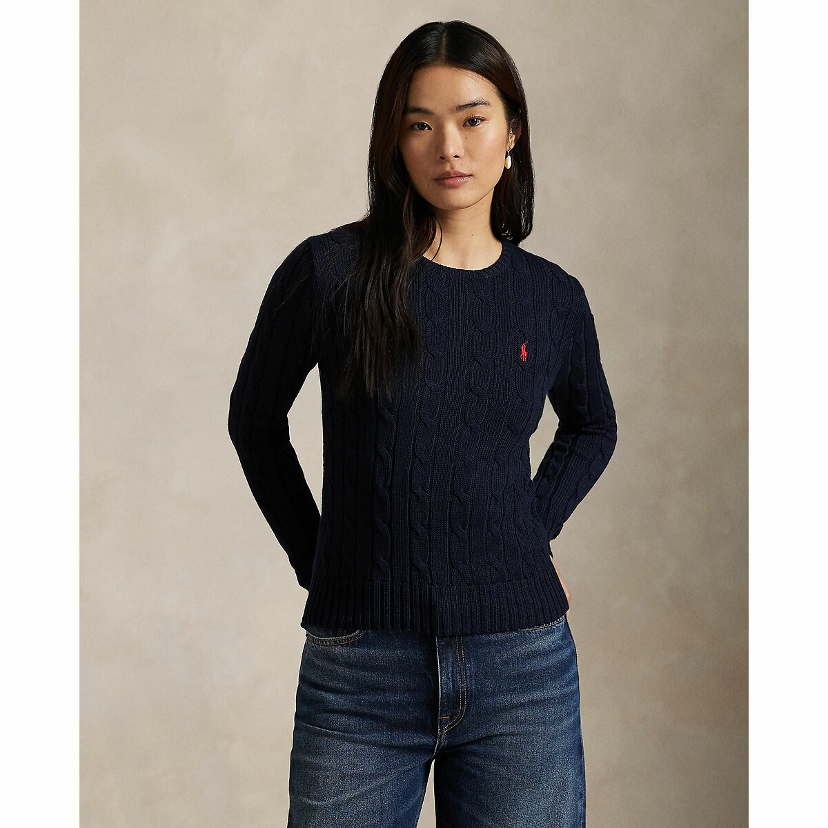 POLO RALPH LAUREN<br>Suéter de malha trançada de algodão com gola redonda