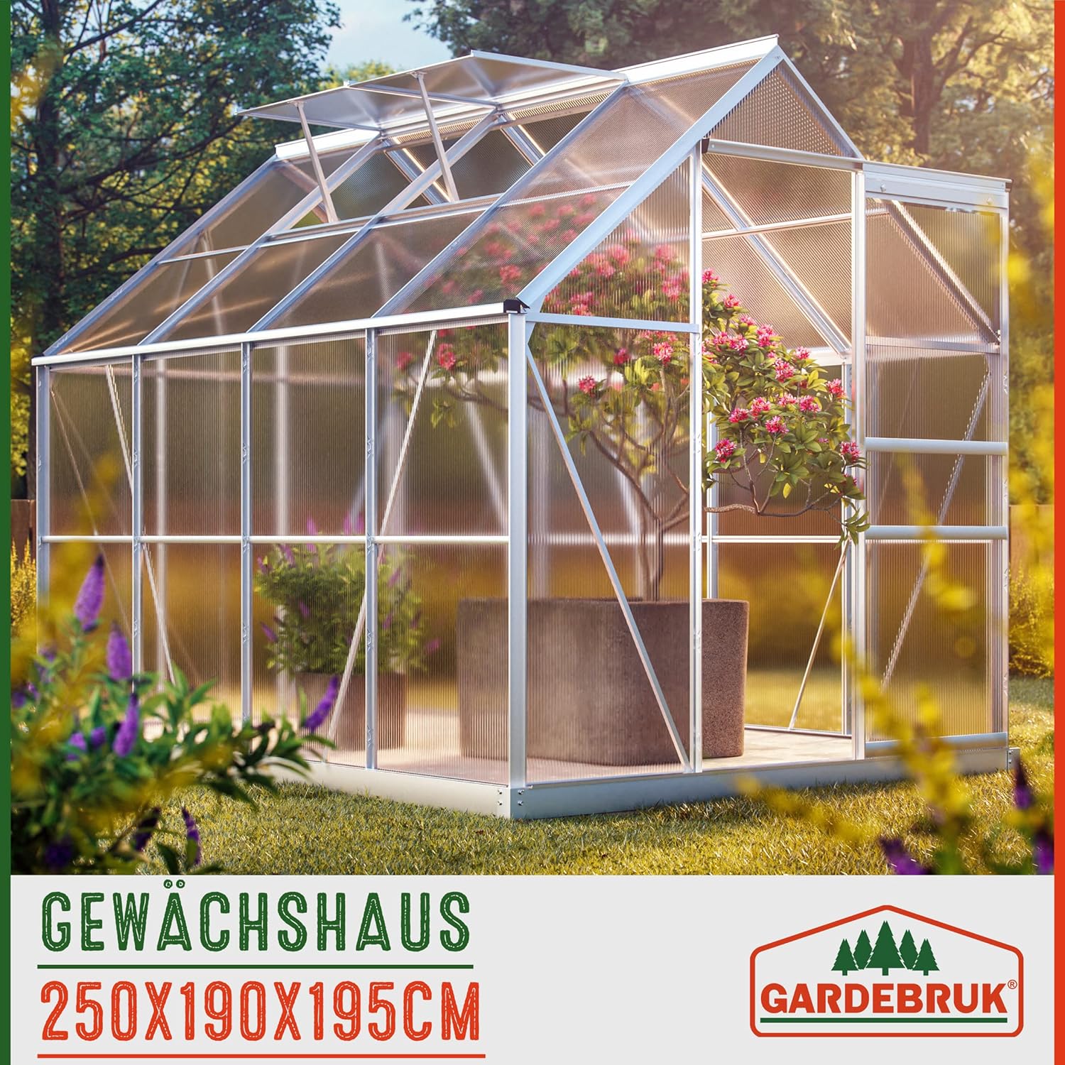 GARDEBRUKŽ Aluminium Gewächshaus 4,75m˛ mit Fundament 250x190cm inkl. 2 Dachfenster Treibhaus Garten Frühbeet Aufzucht 7,63mł