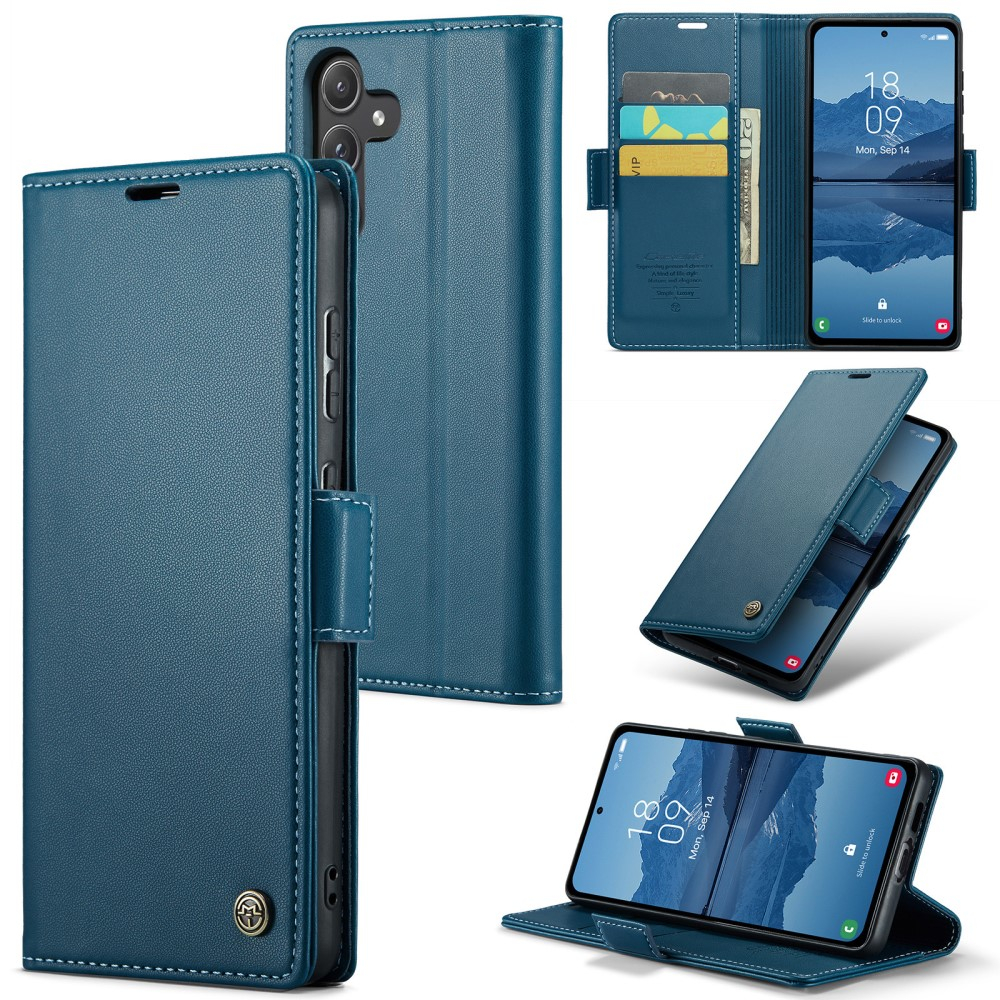 Samsung Galaxy A55 Leder Tasche Flip Wallet Etui mit Kartenfächern Litchi Look (RFID Schutz) - Blaugrün
