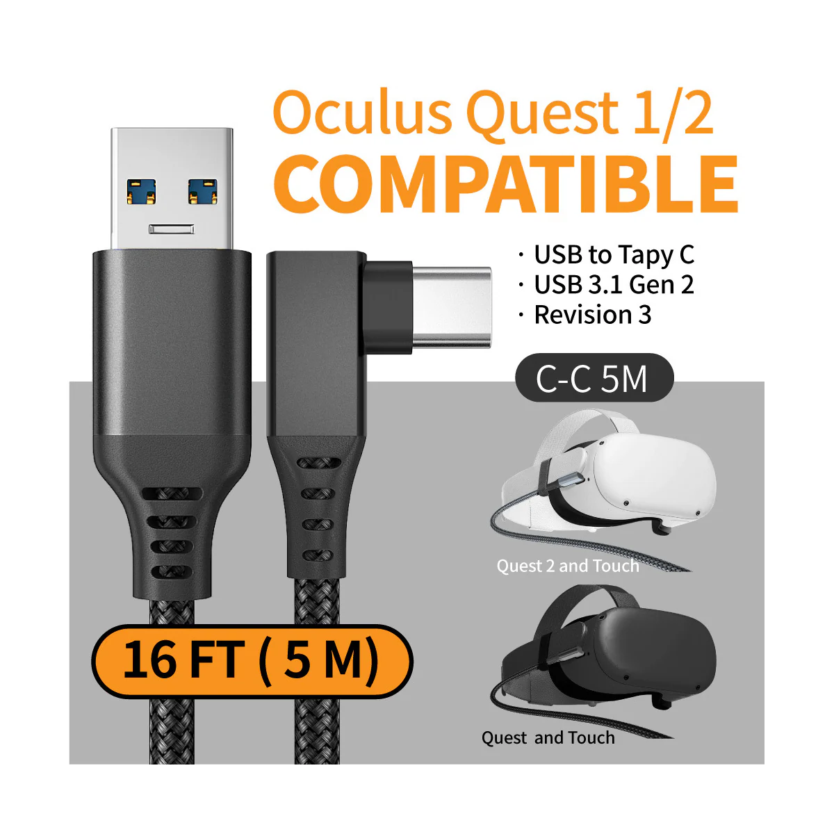 Overgangskabel Oculus Quest 2 USB-C / USB-A 5 m