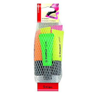 STABILO NEON - Filet 5 surligneurs - orange, 2 jaune, vert, rose