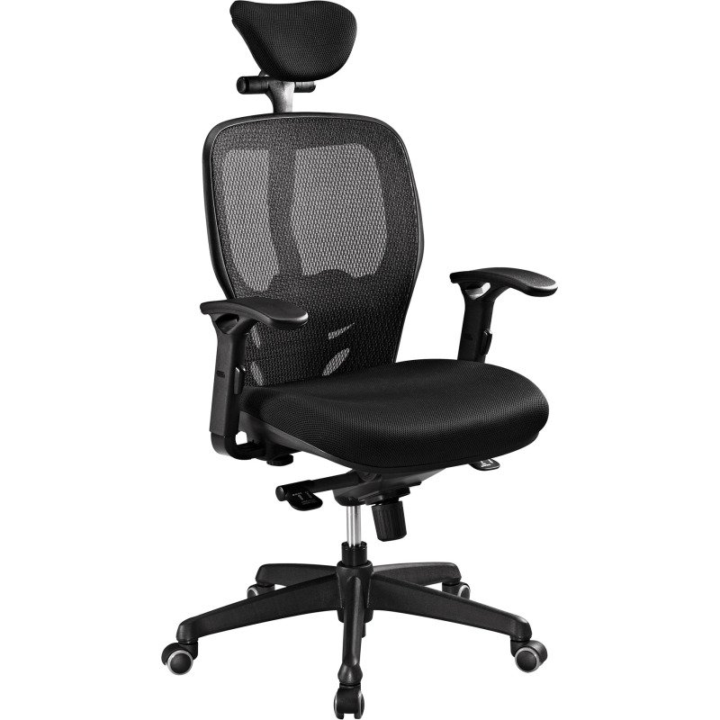 Chaise de bureau ergonomique Mikado tissu et maille noir - dossier haut accoudoirs appui-tête soutien lombaire - mécanisme Synchrone - pieds noir