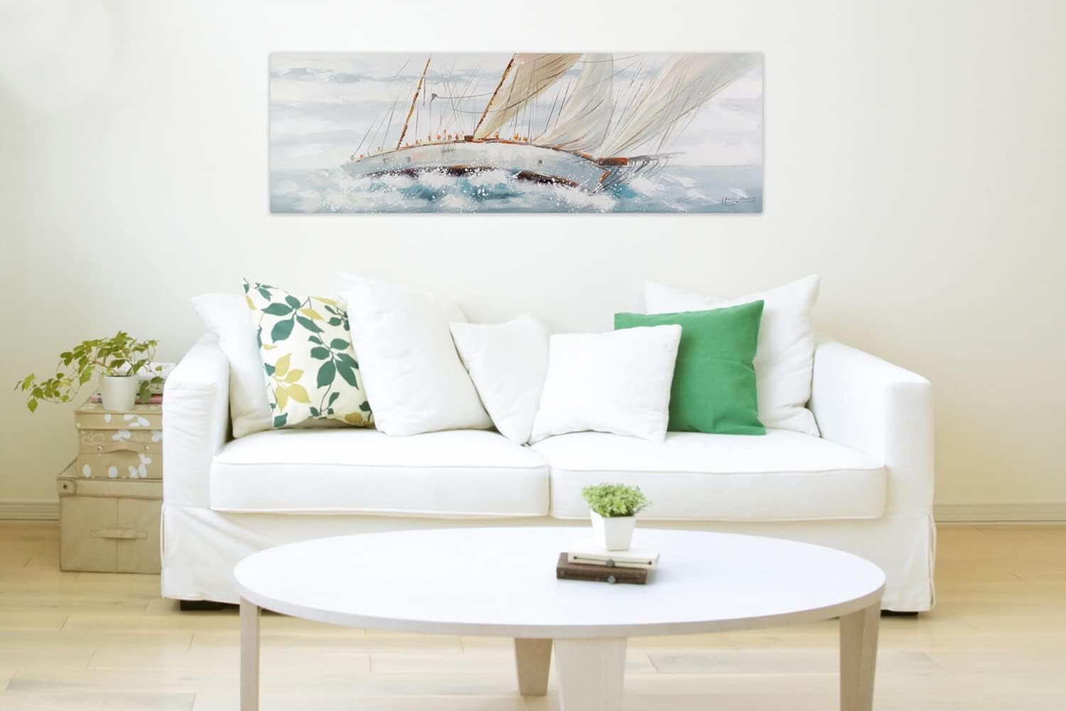 KunstLoft Leinwandbild | 100% HANDGEMALT | 150x50cm | Gemälde 'Ruf des Abenteuers' | Schiffe & Boote | Weiß | Wandbild Wohnzimmer