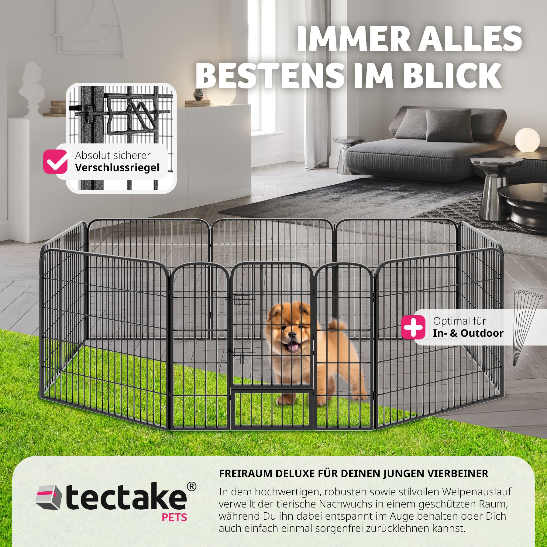 tectake® Welpenauslauf, 8-teilig, faltbar, abgerundete Ecken, einfache Montage, Bodenverankerung möglich