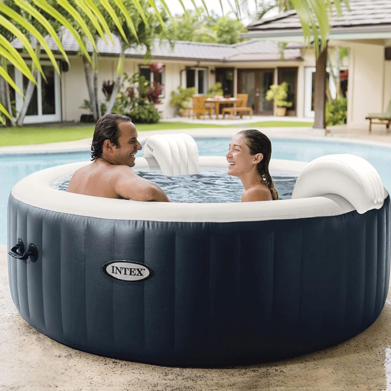 Intex 28430EX - Whirlpool aufblasbar PureSpa Bubble Massage, 4 Personen, 140 Düsen, Heizung, PVC, Navyblau, ⌀ 196x71 cm