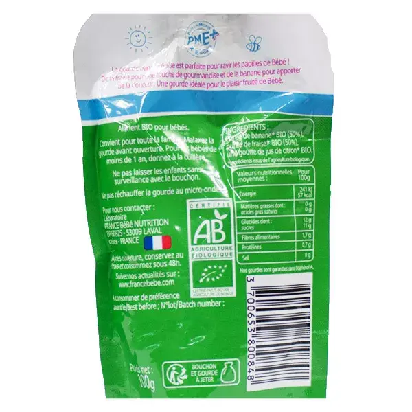 France Bébé Nutrition Bolsa Banana Morango +4m Bio 100g