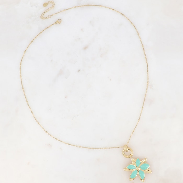 Collier Magnolia - Acier inoxydable doré & fleur vert glacé