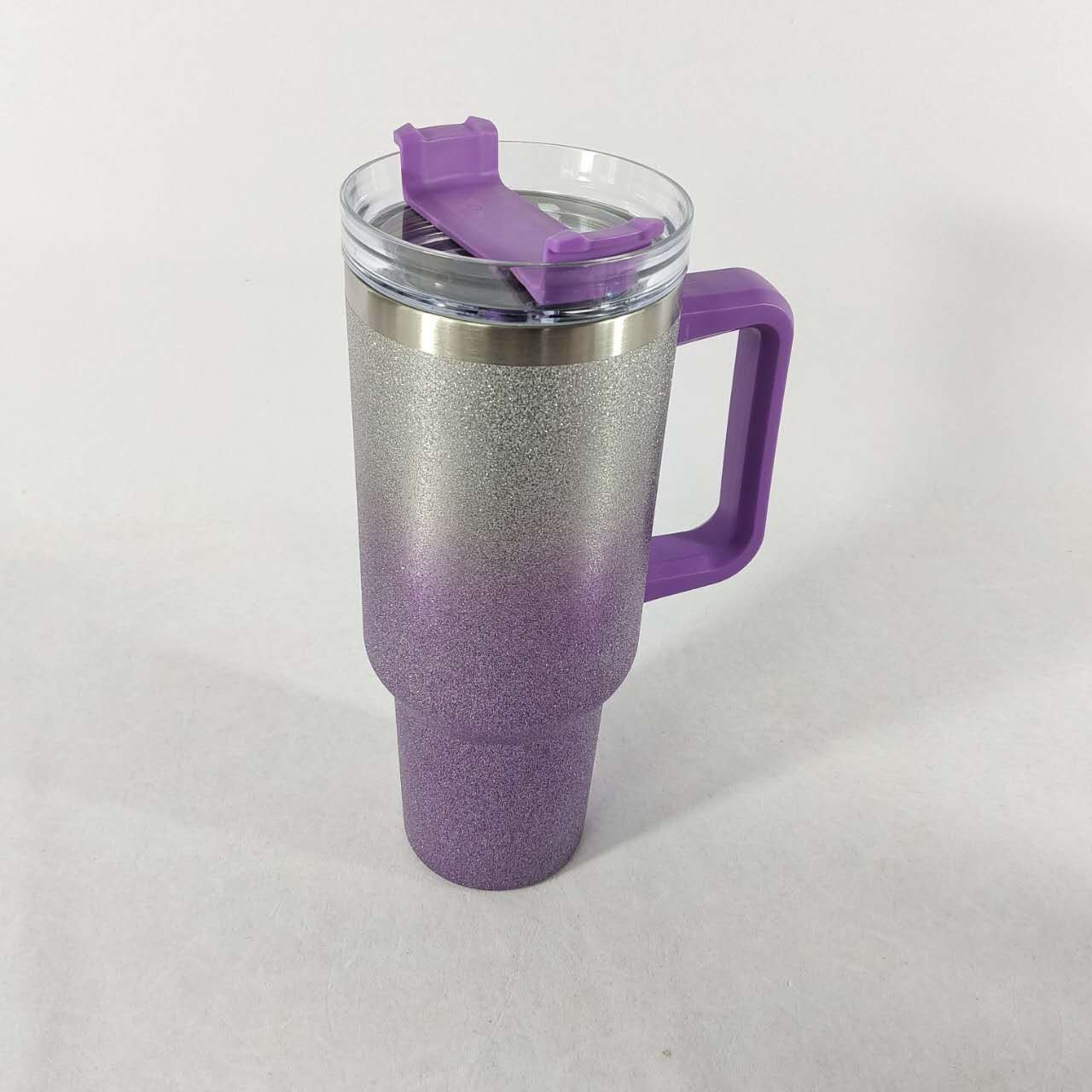 (1.2L) Edelstahl Thermo Kaffee Becher Doppelwandiger Trinkbecher Glitzer Thermoskanne mit Deckel   Strohhalm - Lila
