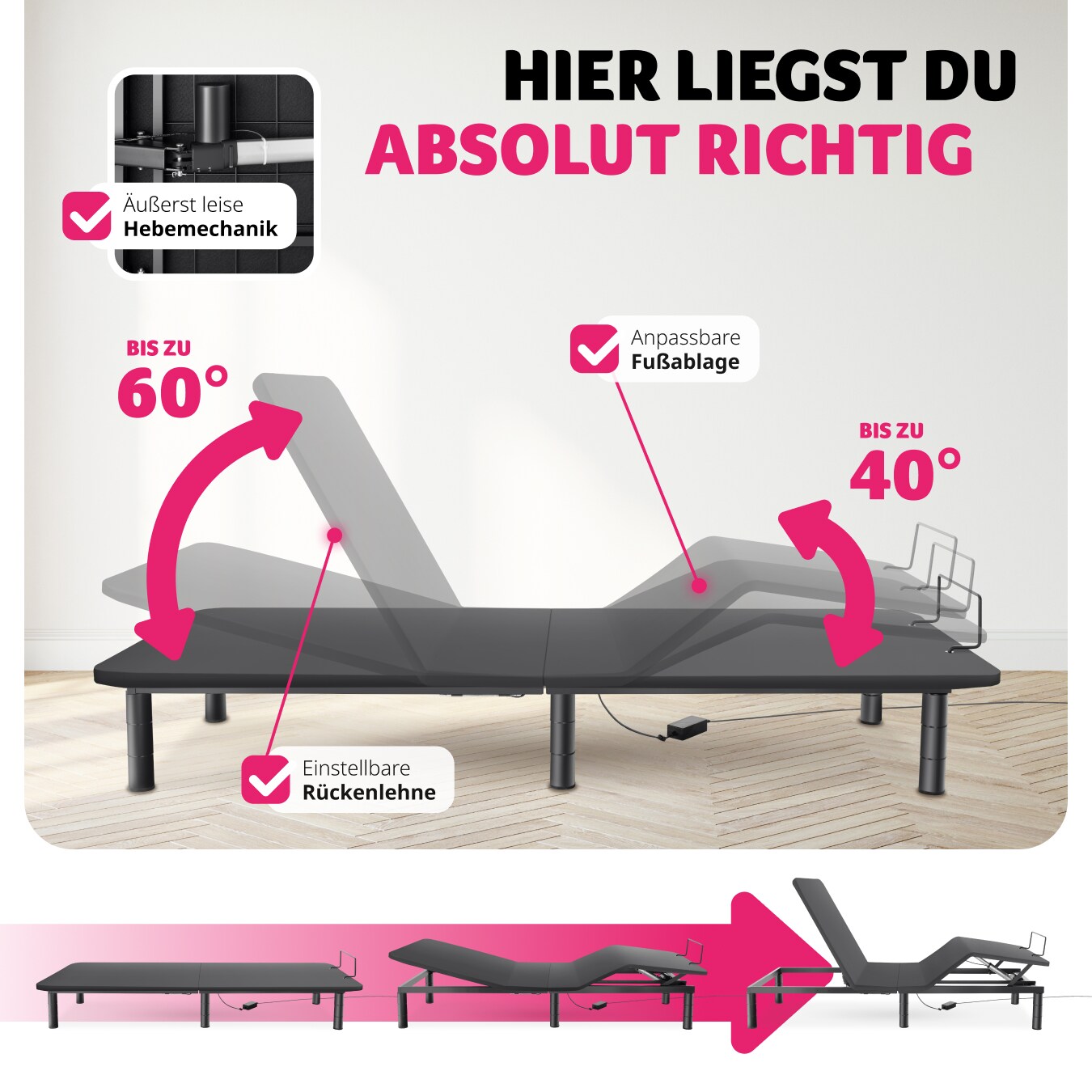 tectake® Bettgestell mit elektrisch verstellbarem Lattenrost, elektrisch verstellbares Rücken- und Fußteil, Belastbarkeit 340 kg, Polyesterbezug, 90 x 200 x 42,5 cm