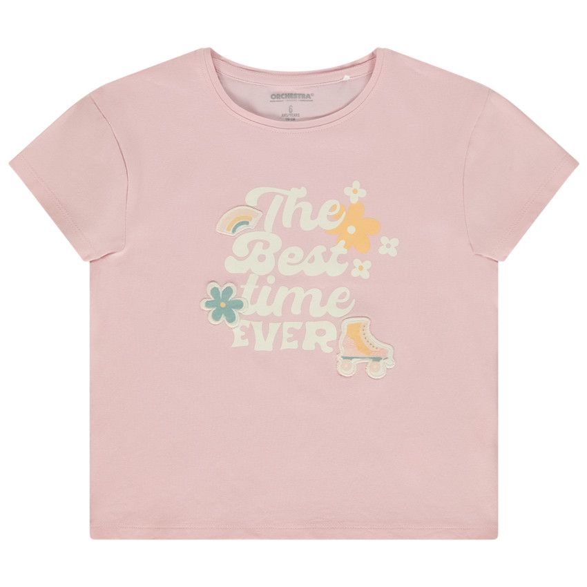 T-shirt manches courtes avec patchs brodés pour fille - Rose
