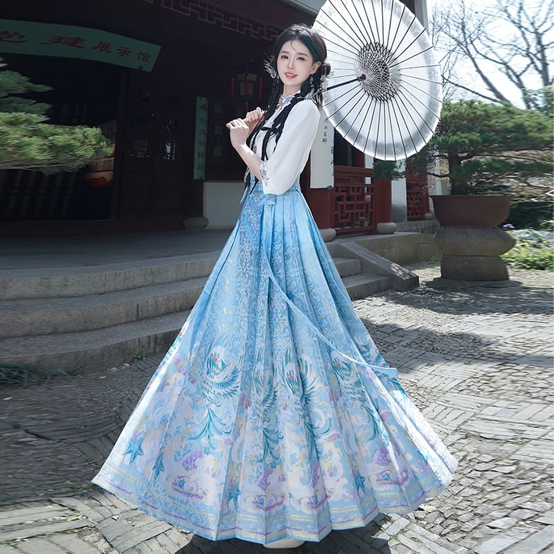 Fioridi - Hanfu-top met elleboogmouwen, bloemenborduursel en knoopjes / Midi-rok met hoge taille en feniksprint