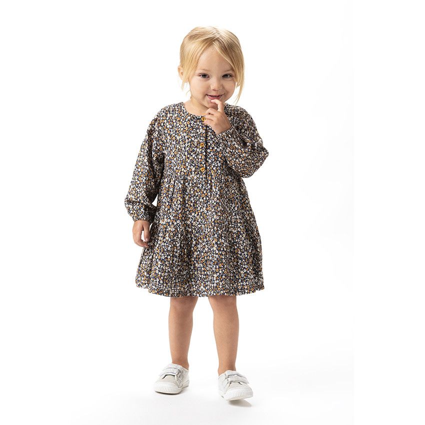 Robe manches courtes en toile avec volants et imprimé fleuri pour bébé fille - Noir