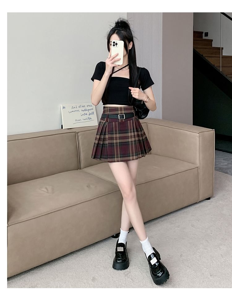 Dute - Hoge taille geruite mini geplooide rok