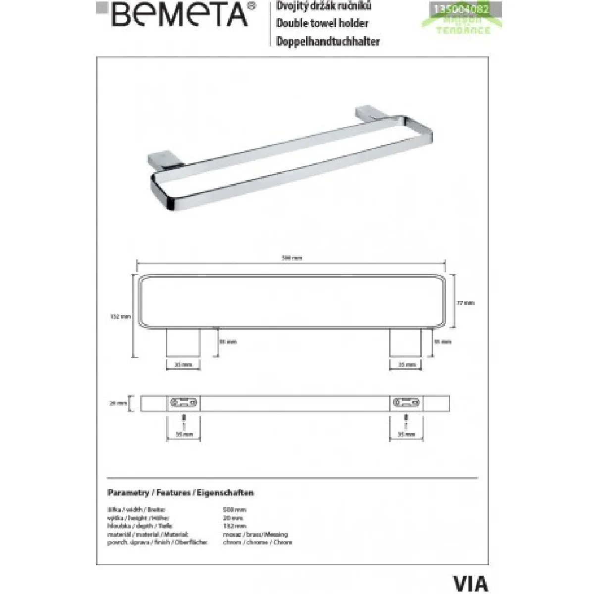 Bemeta - Maison De La Tendance Bemeta Porte-serviette double VIA - Chrome 50 cm