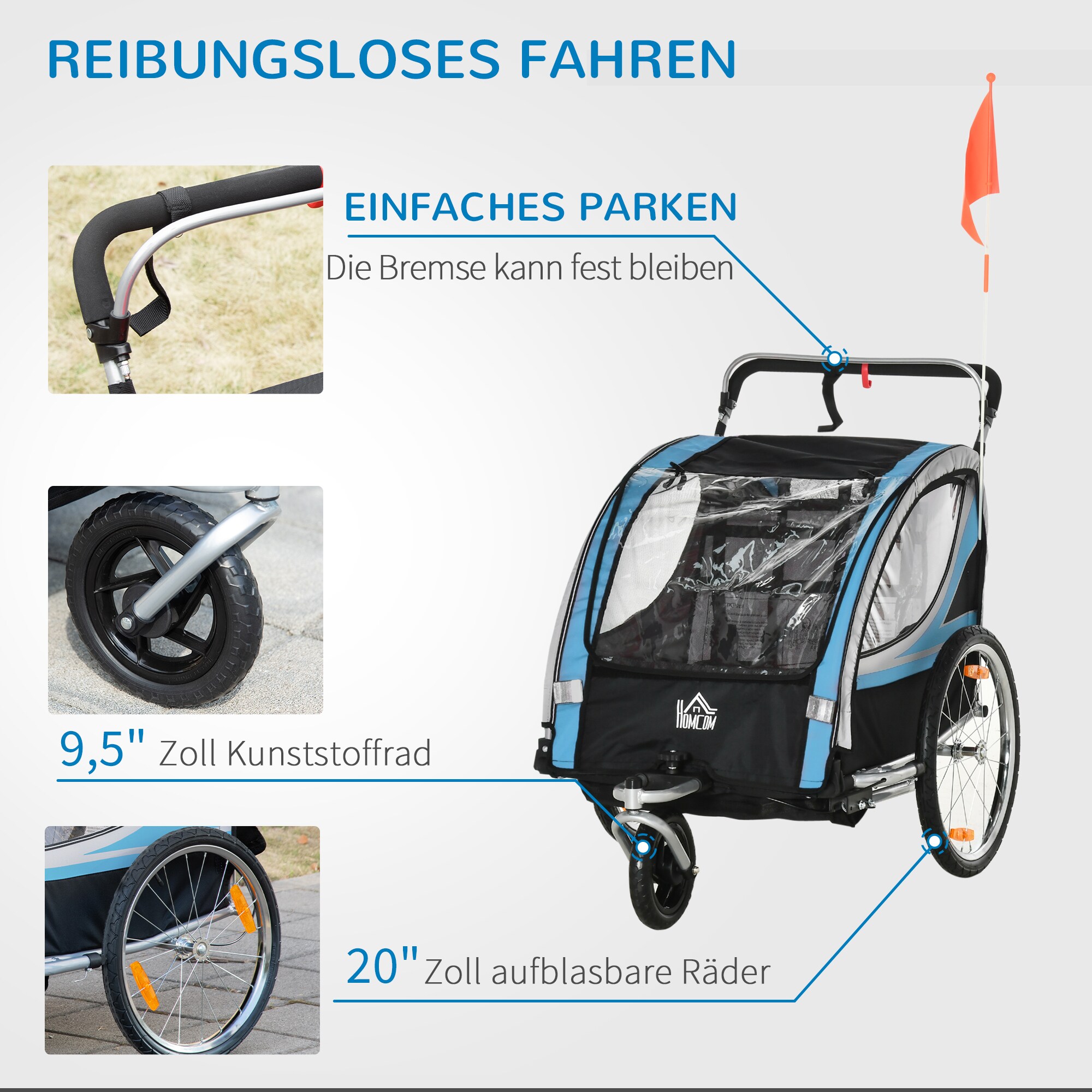 HOMCOM Kinderfahrradanhänger mit Aufbewahrungstasche 142L x 75B x 101H cm