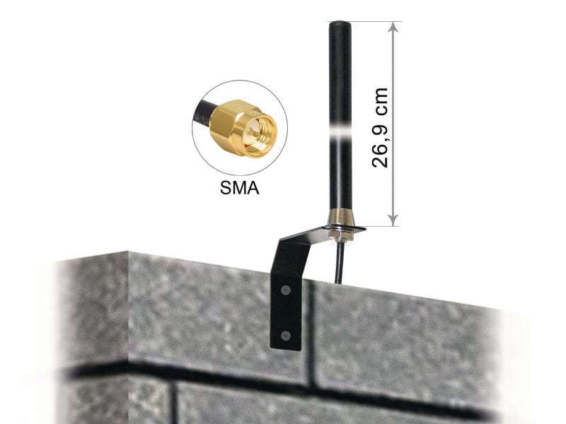 Delock LTE-Antenne SMA SMA 3 dBi Rundstrahl Delock LTE UMTS GSM Antenne SMA Stecker 3 dBi omnidirektional starr mit Anschlusskabel RG-58, 3 m Wandmontage outdoor schwarz