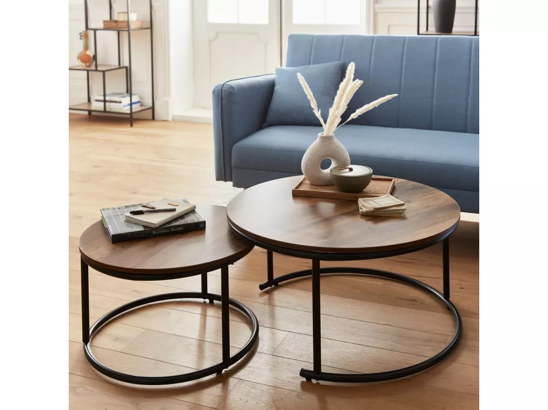 Lot de 2 tables gigognes rondes métal noir. décor bois - Loft - encastrables. 1x Ø77 x H 40cm / x1 Ø57 x H 35cm