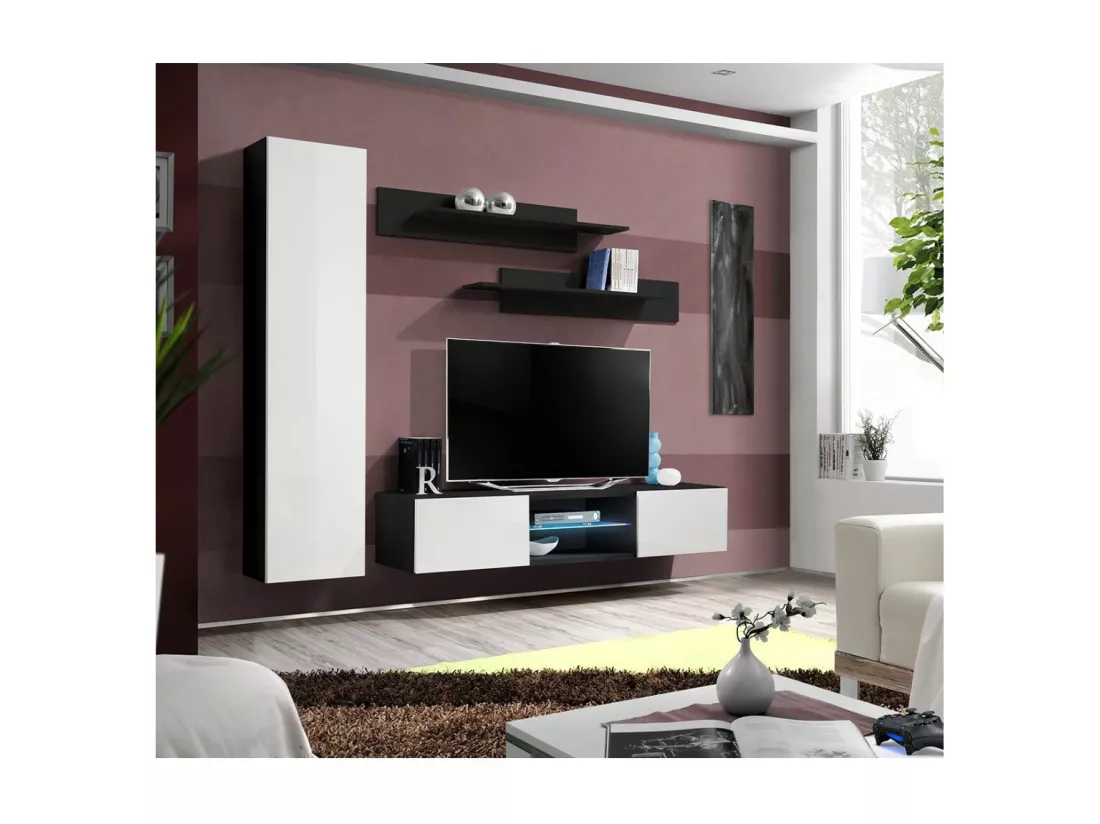 Ensemble Meuble TV FLY R1 avec LED. Coloris noir et blanc. Meuble suspendu design pour votre salon.